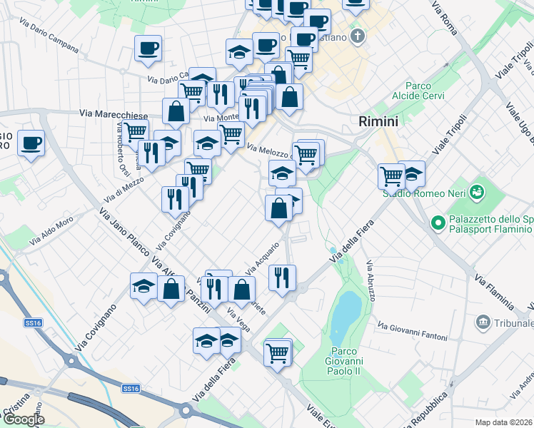 map of restaurants, bars, coffee shops, grocery stores, and more near 46 Via del Cigno in Rimini