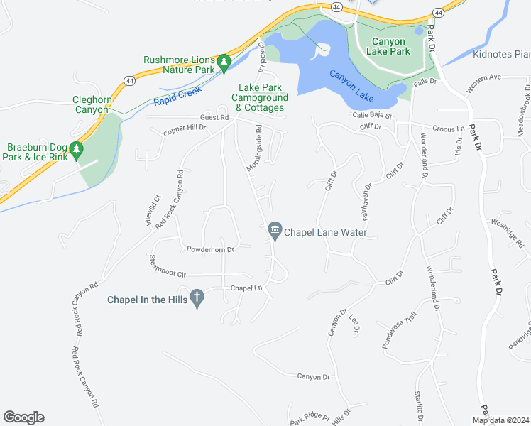 map of restaurants, bars, coffee shops, grocery stores, and more near 3454 Chapel Lane in Rapid City