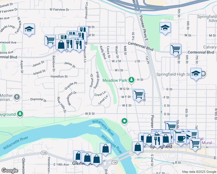 map of restaurants, bars, coffee shops, grocery stores, and more near 778 Crest Lane in Springfield