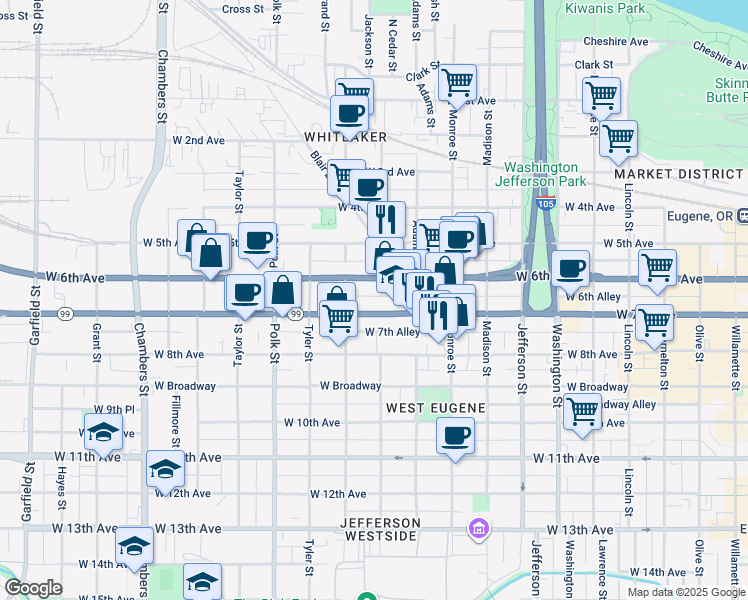 map of restaurants, bars, coffee shops, grocery stores, and more near 1000 West 7th Avenue in Eugene
