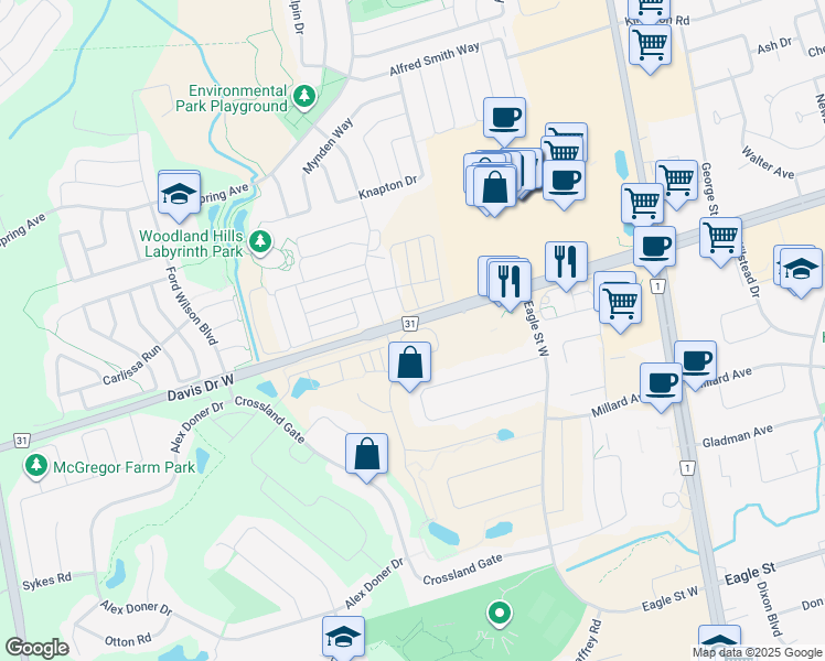 map of restaurants, bars, coffee shops, grocery stores, and more near 14 Lytham Green Circle in Newmarket