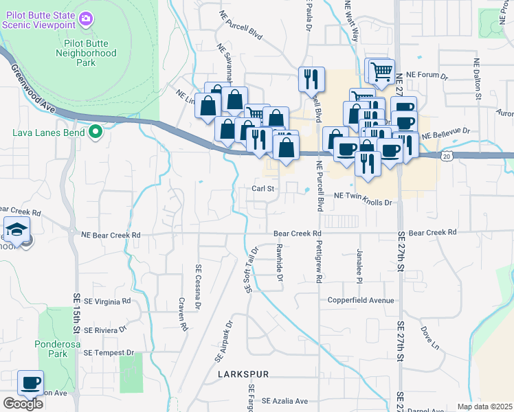 map of restaurants, bars, coffee shops, grocery stores, and more near 21021 Damascus Lane in Bend