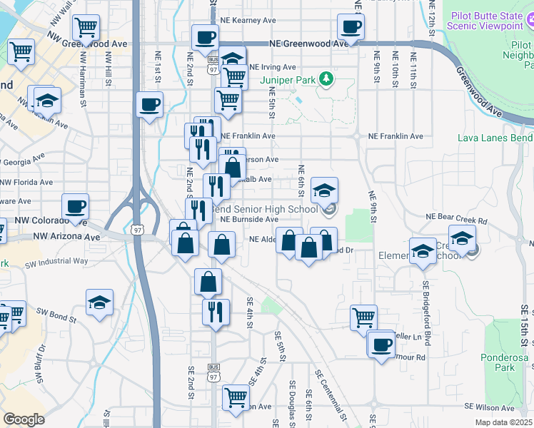 map of restaurants, bars, coffee shops, grocery stores, and more near 474 Northeast Burnside Avenue in Bend