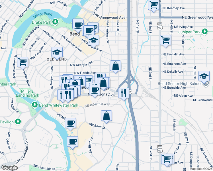map of restaurants, bars, coffee shops, grocery stores, and more near 110 Northwest Sisemore Street in Bend