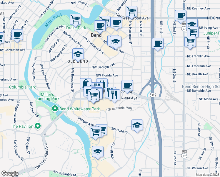 map of restaurants, bars, coffee shops, grocery stores, and more near 12 Northwest Lava Road in Bend