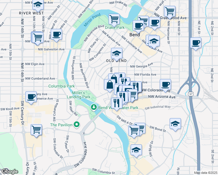 map of restaurants, bars, coffee shops, grocery stores, and more near 80 Northwest Broadway Street in Bend