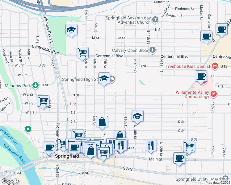 map of restaurants, bars, coffee shops, grocery stores, and more near 751 8th Street in Springfield