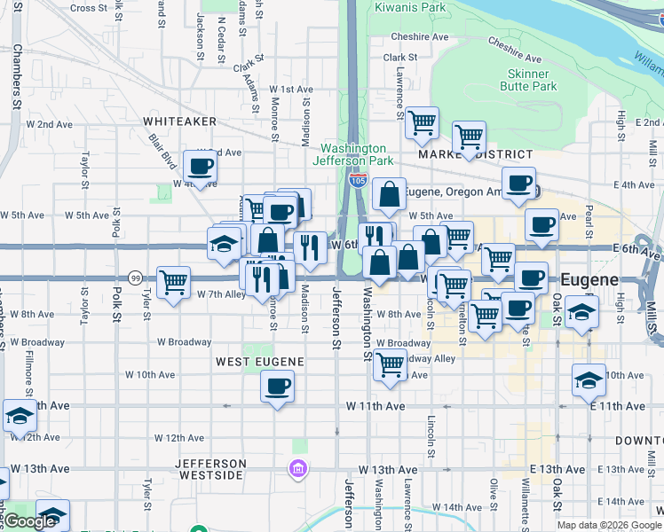 map of restaurants, bars, coffee shops, grocery stores, and more near 640 West 7th Avenue in Eugene