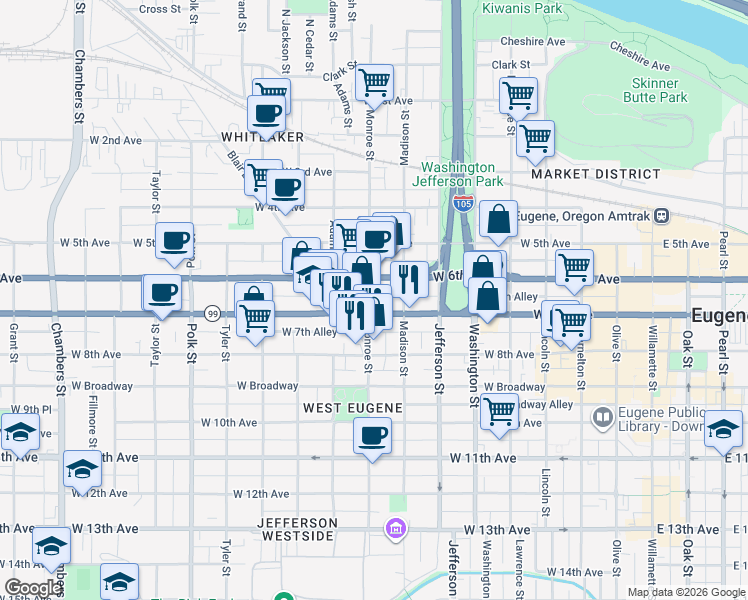 map of restaurants, bars, coffee shops, grocery stores, and more near 830 West 7th Avenue in Eugene
