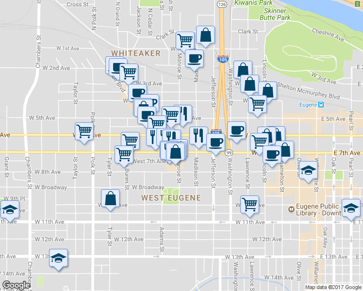 map of restaurants, bars, coffee shops, grocery stores, and more near 830 West 7th Avenue in Eugene