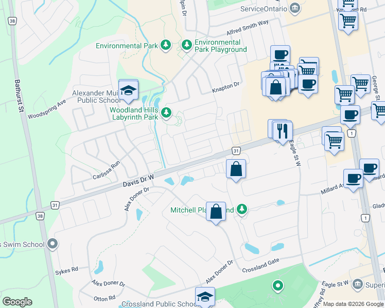 map of restaurants, bars, coffee shops, grocery stores, and more near 137 Bravo Lane in Newmarket