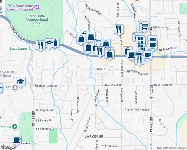 map of restaurants, bars, coffee shops, grocery stores, and more near 62029 Northeast Nate's Place in Bend