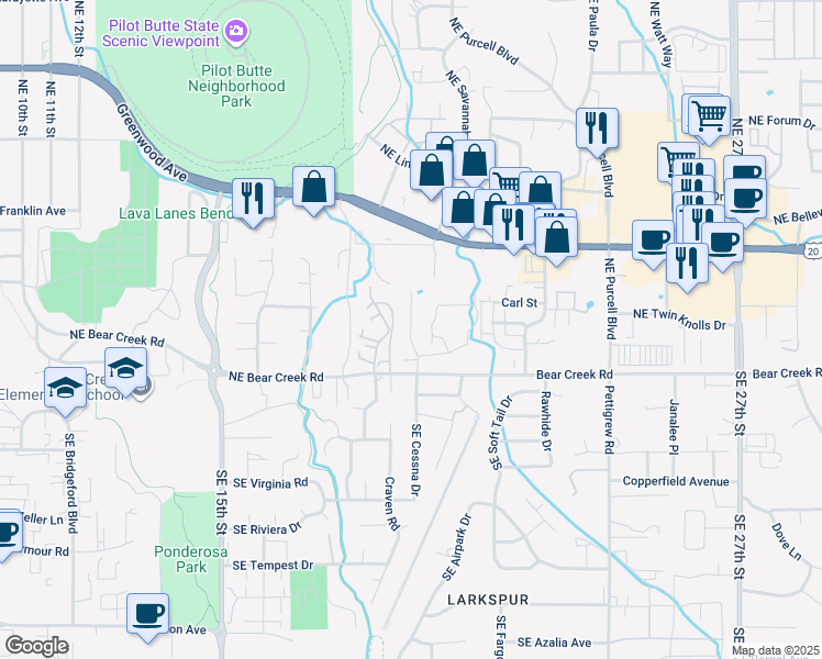 map of restaurants, bars, coffee shops, grocery stores, and more near 1886 Northeast Bear Creek Road in Bend