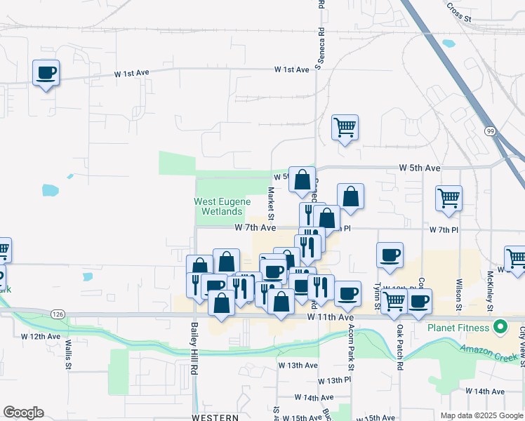 map of restaurants, bars, coffee shops, grocery stores, and more near 3403 West 7th Avenue in Eugene