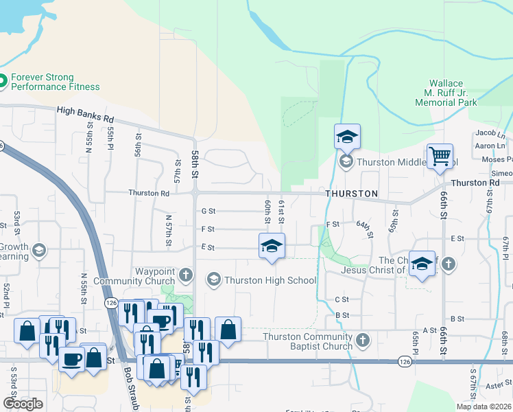 map of restaurants, bars, coffee shops, grocery stores, and more near 5982 G Street in Springfield