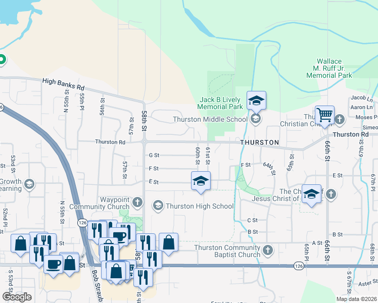 map of restaurants, bars, coffee shops, grocery stores, and more near 5995 G Street in Springfield