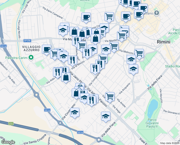 map of restaurants, bars, coffee shops, grocery stores, and more near 10 Via Eleonora Duse in Rimini