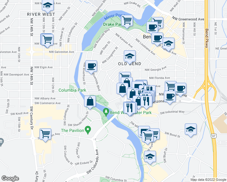 map of restaurants, bars, coffee shops, grocery stores, and more near 129 Northwest Adams Place in Bend