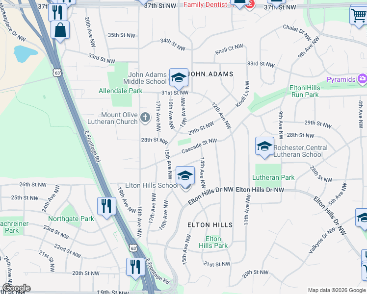 map of restaurants, bars, coffee shops, grocery stores, and more near 1450 Cascade Street Northwest in Rochester