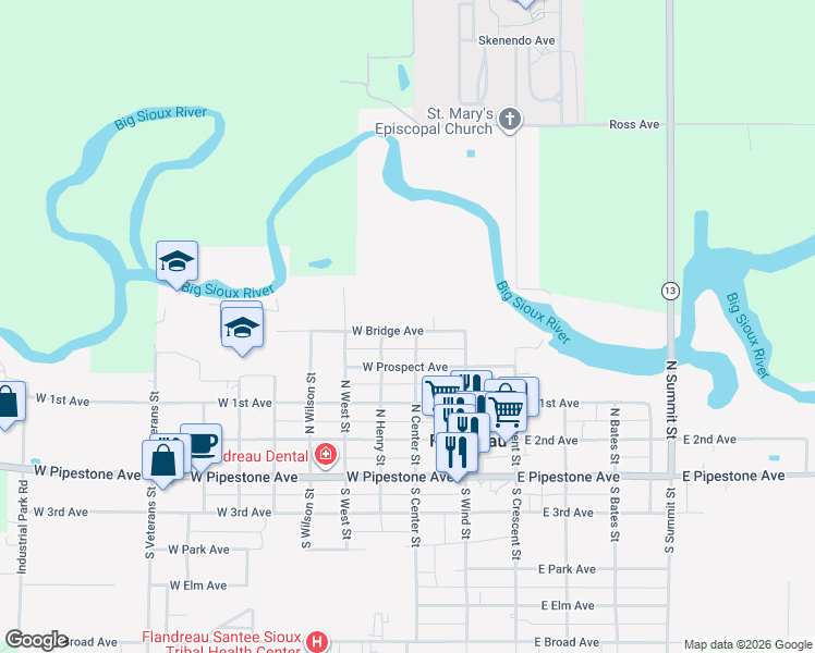 map of restaurants, bars, coffee shops, grocery stores, and more near 401-499 North Center Street in Flandreau
