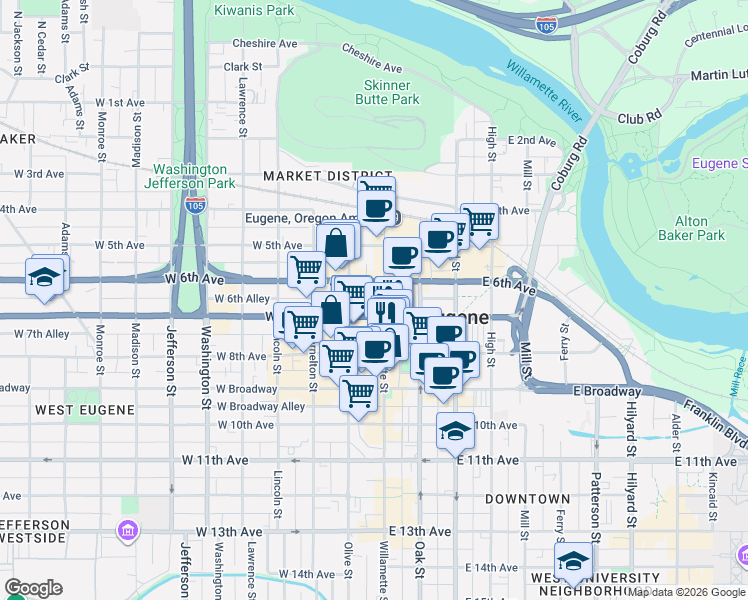 map of restaurants, bars, coffee shops, grocery stores, and more near Ridge Top Drive in Lane County