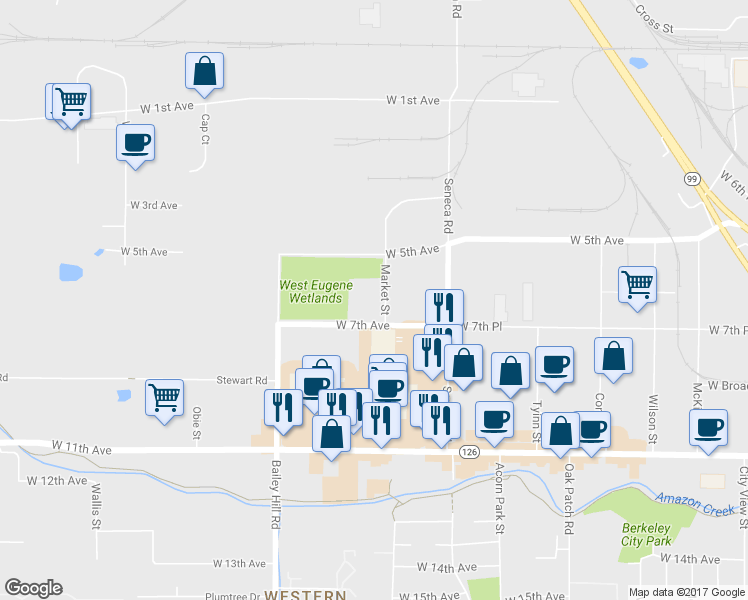 map of restaurants, bars, coffee shops, grocery stores, and more near 3403 West 7th Avenue in Eugene