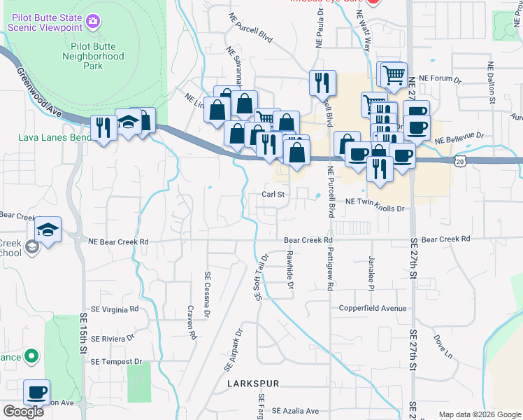 map of restaurants, bars, coffee shops, grocery stores, and more near 62032 Northeast Nate's Place in Bend