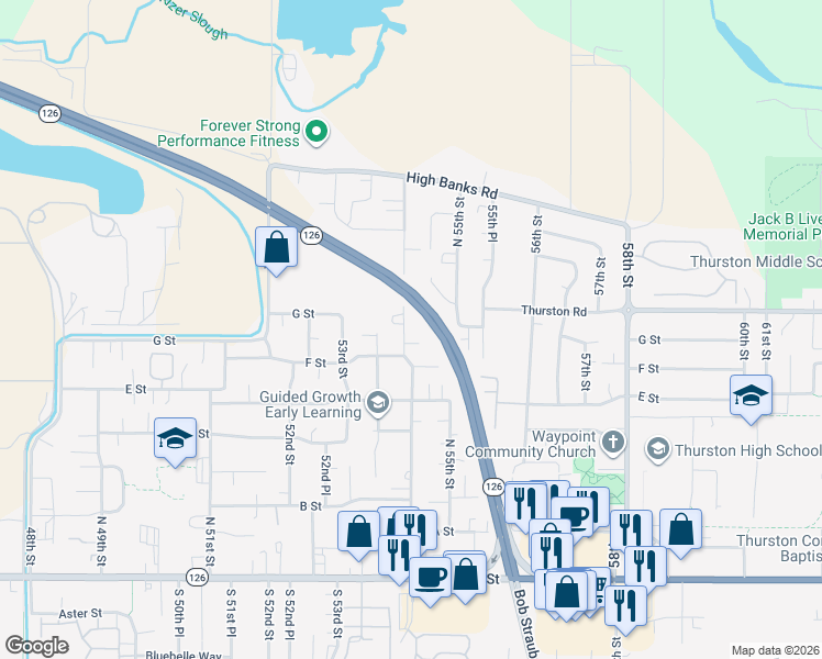 map of restaurants, bars, coffee shops, grocery stores, and more near 733 54th Street in Springfield