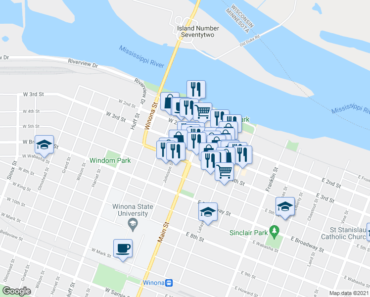 map of restaurants, bars, coffee shops, grocery stores, and more near 117 West 3rd Street in Winona
