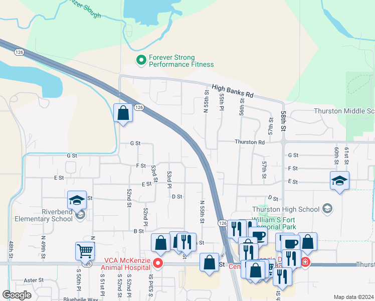map of restaurants, bars, coffee shops, grocery stores, and more near 733 54th Street in Springfield