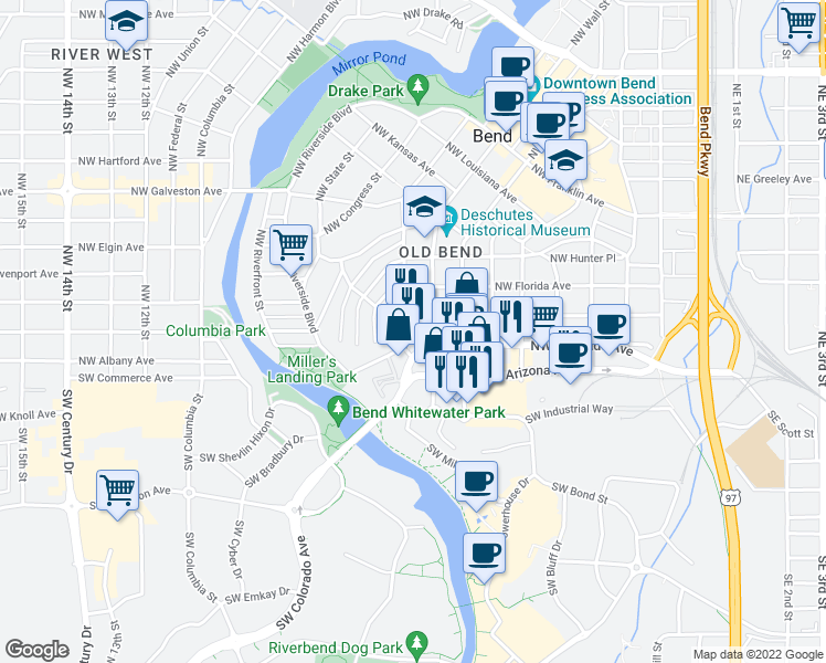 map of restaurants, bars, coffee shops, grocery stores, and more near 80 Northwest Broadway Street in Bend