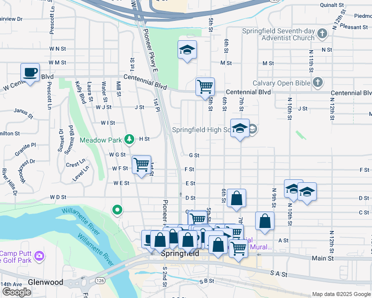 map of restaurants, bars, coffee shops, grocery stores, and more near 736 4th Street in Springfield