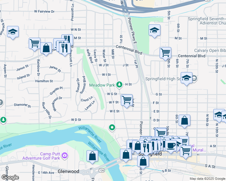 map of restaurants, bars, coffee shops, grocery stores, and more near 767 Water Street in Springfield