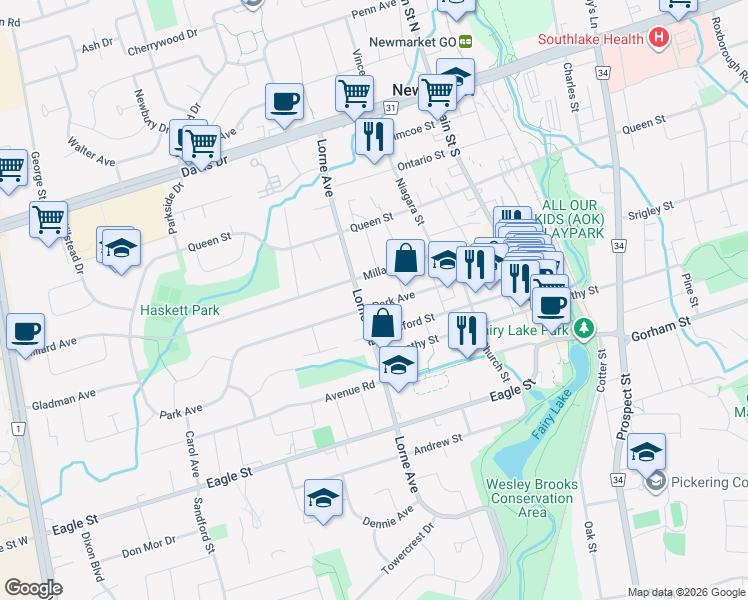 map of restaurants, bars, coffee shops, grocery stores, and more near 337 Park Avenue in Newmarket