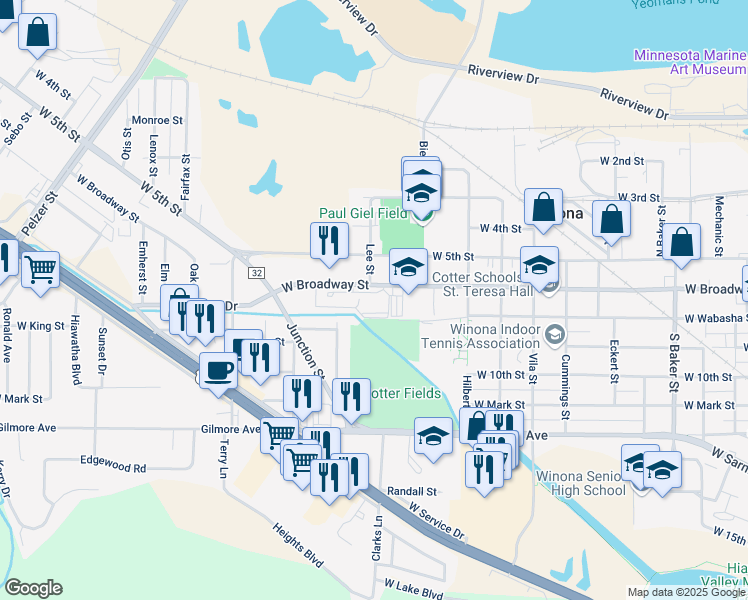 map of restaurants, bars, coffee shops, grocery stores, and more near 2 West Broadway Street in Winona