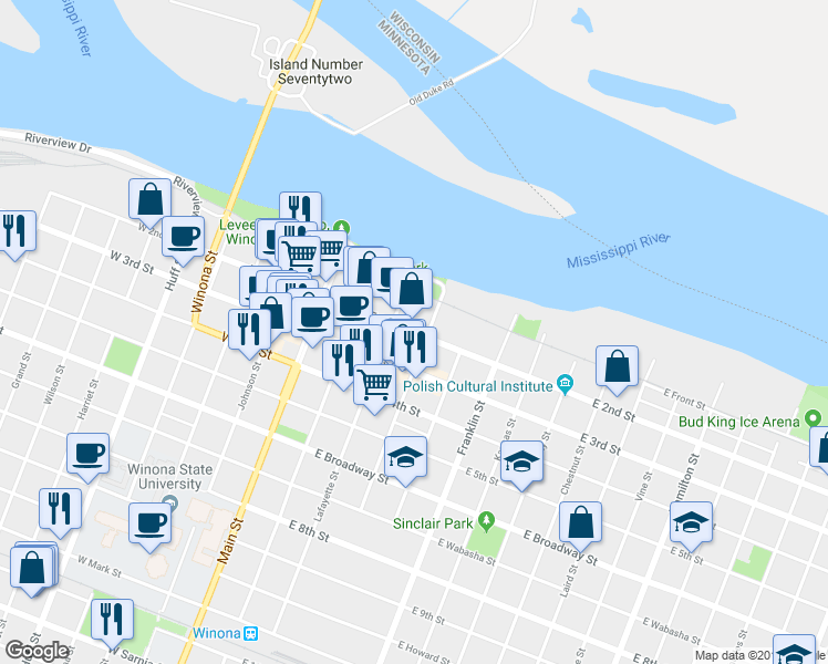 map of restaurants, bars, coffee shops, grocery stores, and more near 122 East 2nd Street in Winona