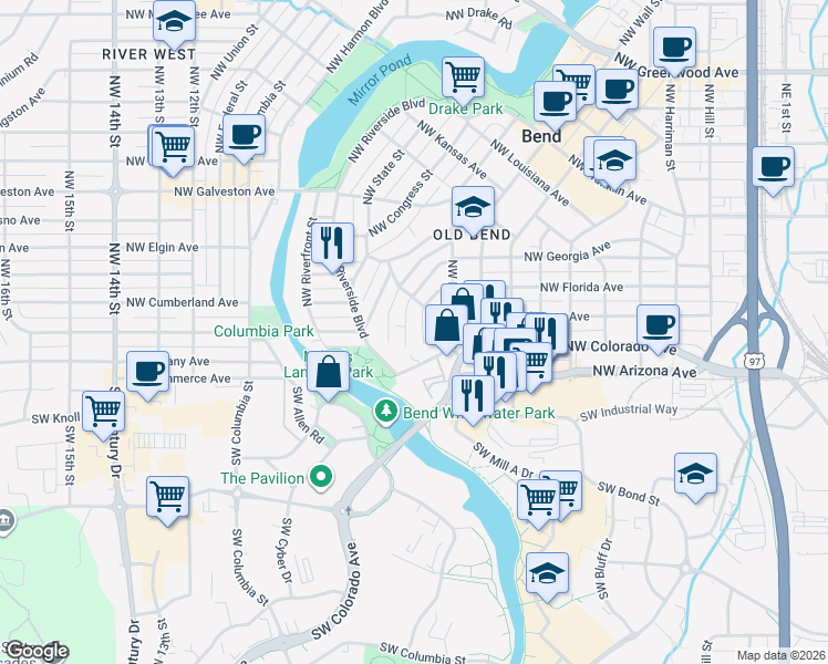 map of restaurants, bars, coffee shops, grocery stores, and more near 97 Northwest Adams Place in Bend