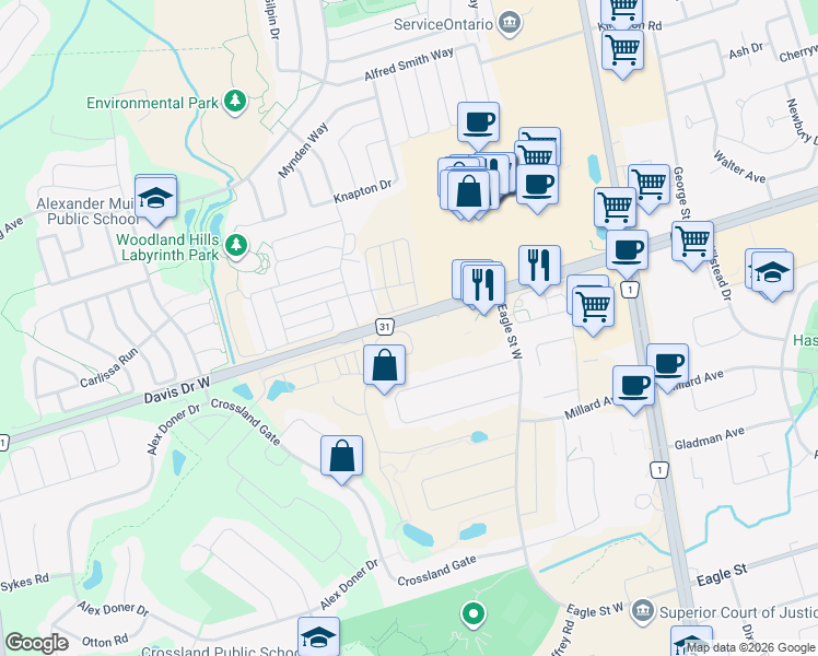 map of restaurants, bars, coffee shops, grocery stores, and more near 16 Lytham Green Circle in Newmarket