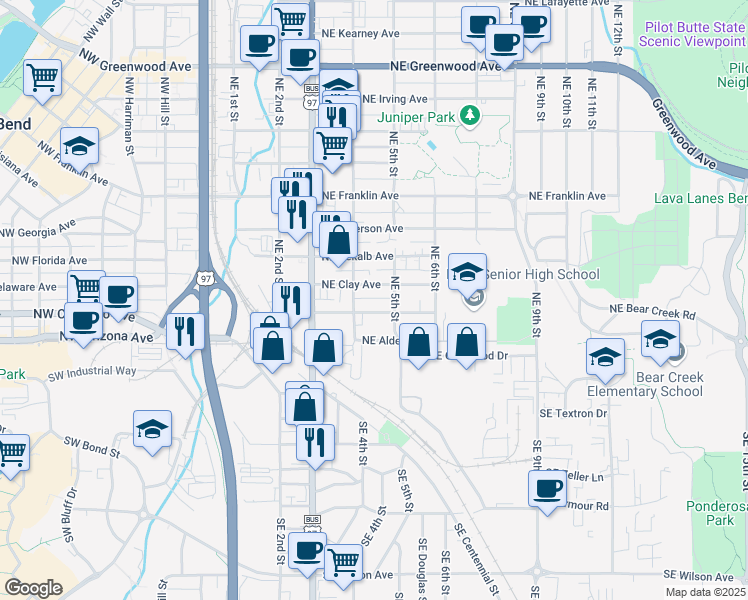 map of restaurants, bars, coffee shops, grocery stores, and more near 407 Northeast Burnside Avenue in Bend