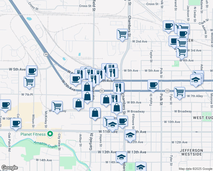 map of restaurants, bars, coffee shops, grocery stores, and more near 1900 West 7th Avenue in Eugene