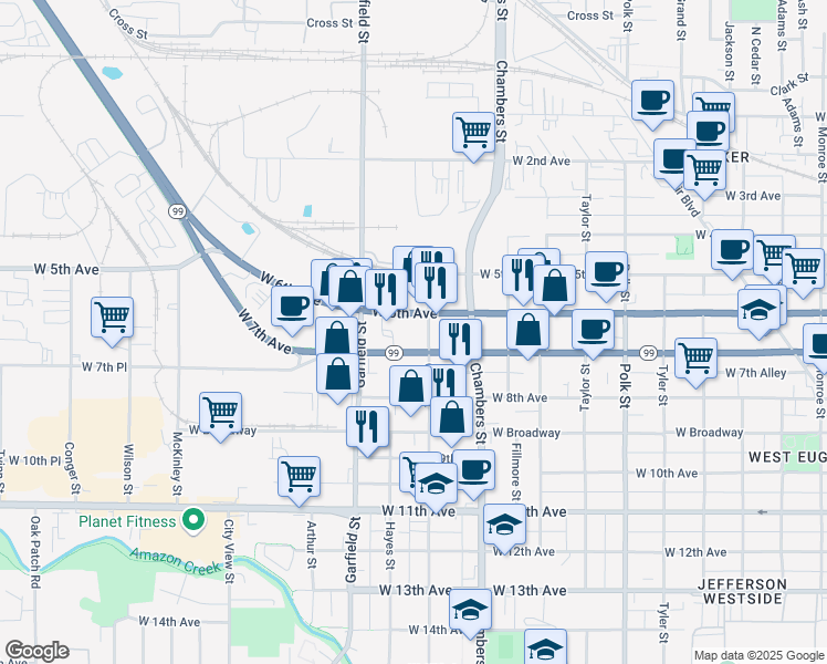 map of restaurants, bars, coffee shops, grocery stores, and more near 785 Grant Street in Eugene