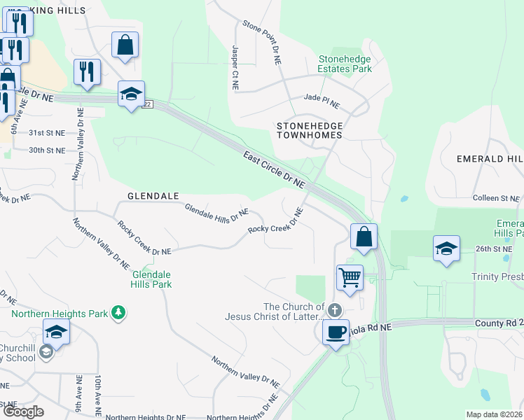 map of restaurants, bars, coffee shops, grocery stores, and more near 2033 Glendale Hills Drive Northeast in Rochester