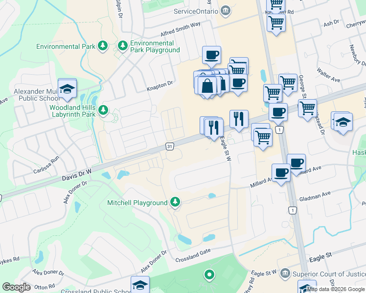 map of restaurants, bars, coffee shops, grocery stores, and more near 18 Lytham Green Circle in Newmarket