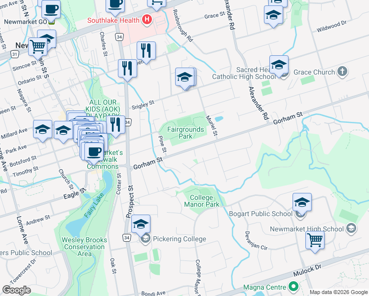 map of restaurants, bars, coffee shops, grocery stores, and more near 665 Gorham Street in Newmarket