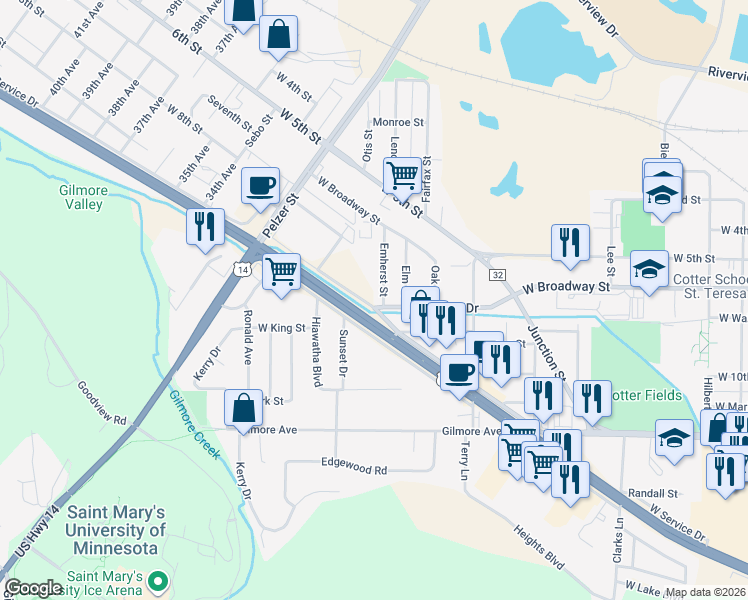map of restaurants, bars, coffee shops, grocery stores, and more near 373 Emherst Street in Winona