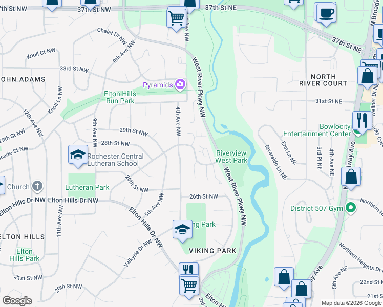 map of restaurants, bars, coffee shops, grocery stores, and more near 2804 4th Avenue Northwest in Rochester
