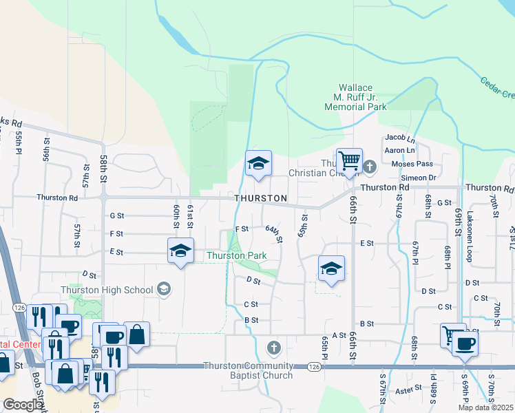 map of restaurants, bars, coffee shops, grocery stores, and more near 6370 F Street in Springfield