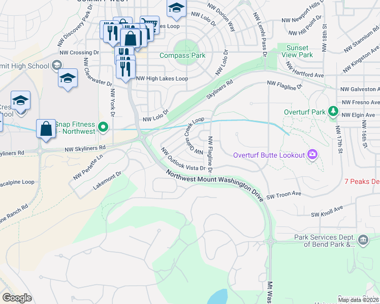 map of restaurants, bars, coffee shops, grocery stores, and more near 2418 Northwest Hosmer Lake Drive in Bend