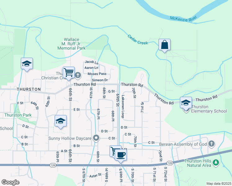 map of restaurants, bars, coffee shops, grocery stores, and more near 6905 Thurston Road in Springfield