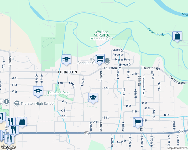 map of restaurants, bars, coffee shops, grocery stores, and more near 6566 Thurston Road in Springfield